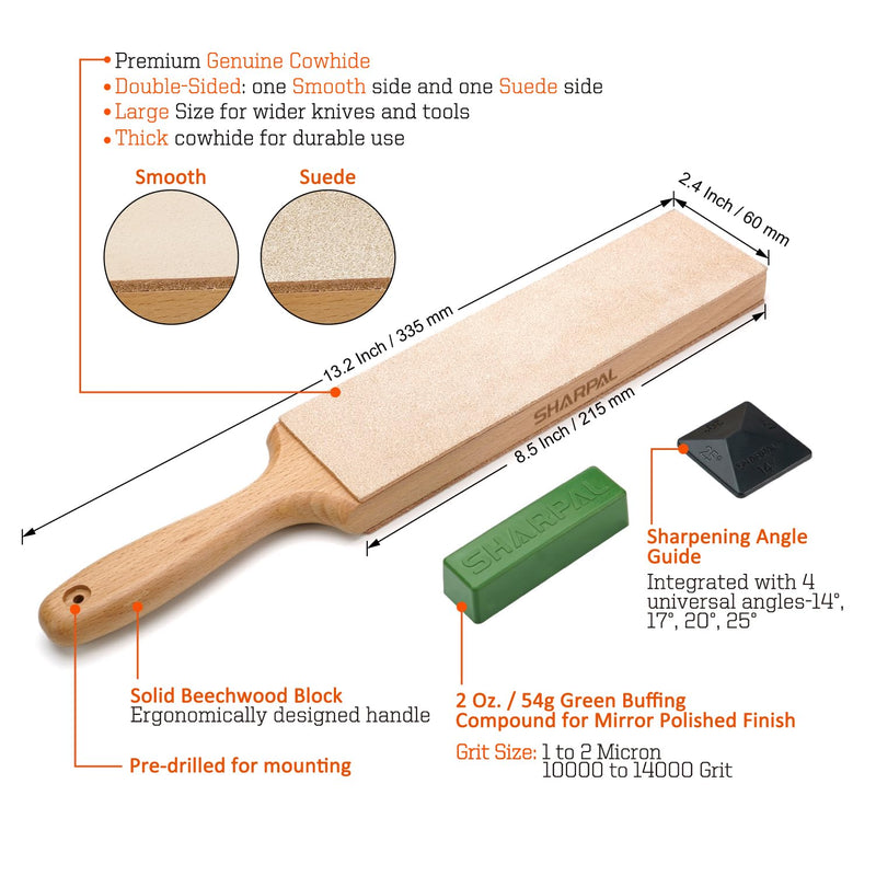 SHARPAL 205H Double-sided Leather Strop (Genuine Cowhide) 13.2" x 2.4" Kit with 2 Oz. Polishing Compound & Angle Guide, Knife Stropping Block for Sharpening & Honing Knives tools, Woodcarving Chisels Double-Sided Leather Strop with Compound