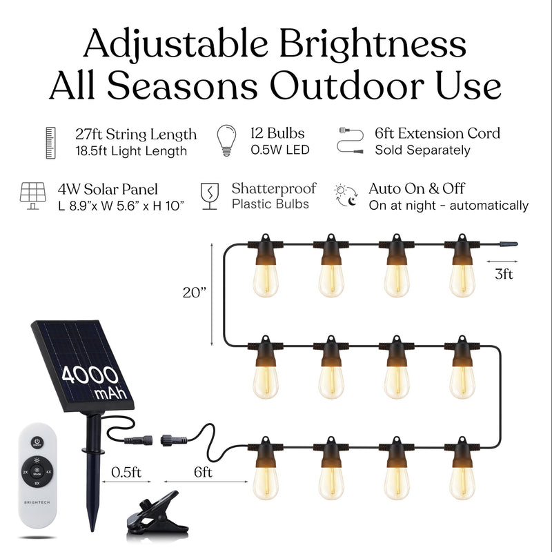 Brightech Ambience Pro Super Bright Solar - 27Ft Remote Control Outdoor String Lights with 12 Shatterproof S14 Bulbs, Commercial Grade LED, Waterproof Patio Lights, 4W Soft White for Patios, Gardens 27 Feet