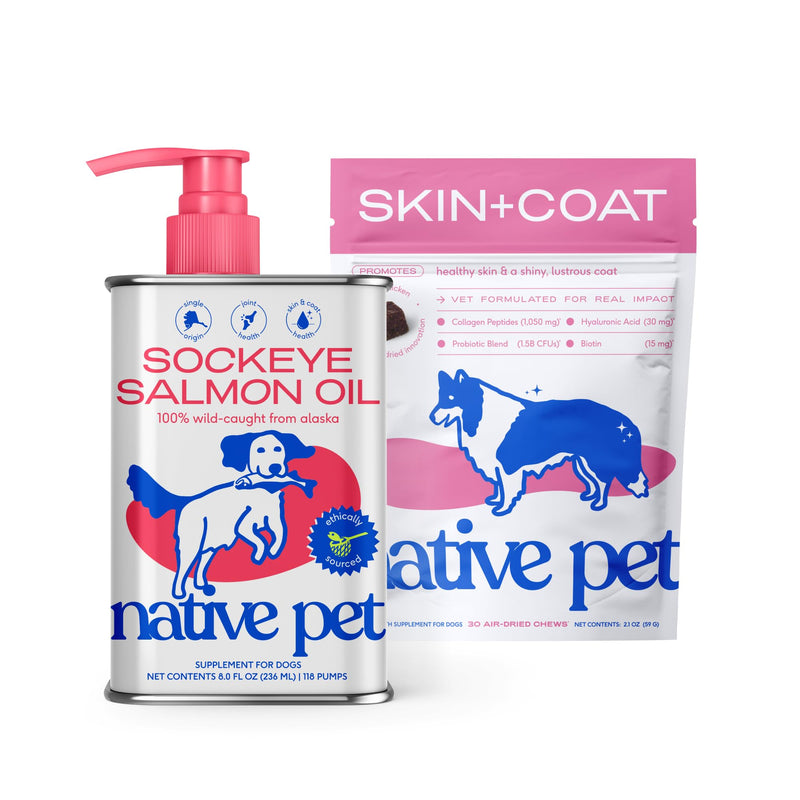 Native Pet Coat Care Bundle: Sockeye Salmon Oil (8 Oz.) & Omega Skin and Coat Chews for Dogs (30 Air-Dried Chews) - Promotes Healthy Skin, Shiny Coat, & Strong Joints - Wild Alaskan Salmon Oil