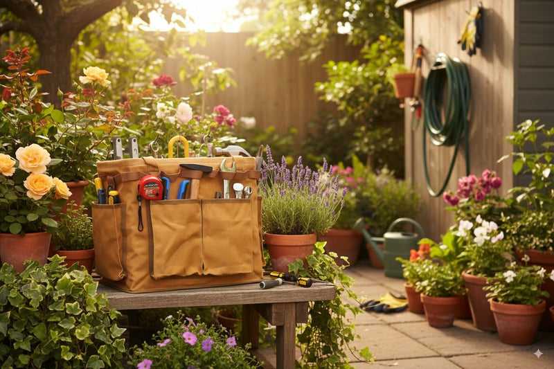 Water Resistant Gardening Tool Bag with Handles - 6 Pockets Utility Self-Standing Organizer for Camping/Garden/Car Storage, 14" x 13" x 10" | Khaki