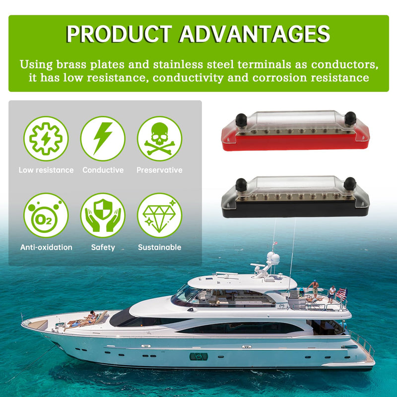 BOJACK Power Distribution Terminal with Cover 2 x 1/4"(M6) Terminal Studs, 8 x M4 Terminal Screws, Red and Black Marine Battery Bus Bar Block with Ring Terminals for Automotive Boat Solar Wiring 2*M6 Studs&8*M4 Screws-BK+R