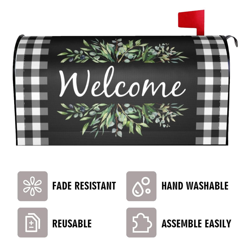 Wreath Buffalo Plaid Mailbox Covers, Welcome Magnetic Mailbox Cover, Plaid and Leaves Mail Box Covers for Garden Outdoor Decor 21 x 18 Inchs Black White Welcome Wreath 21x18 in