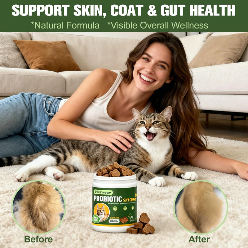 Cat Probiotic Soft Chews, Salmon Flavor, 1B CFU, Grain-Free, Omega 3&6, Cranberry, Gut Health & Digestive Support B