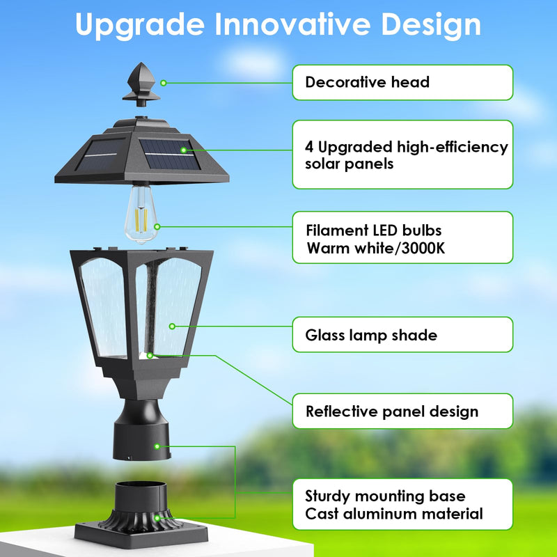 Solar Post Lights Outdoor, Aluminium Solar Lamp Post Light with Pier Mount Base, Outside Decor for Yard Garden Pole Pillar, 100 Lumens (Warm White) ﻿ Warm White