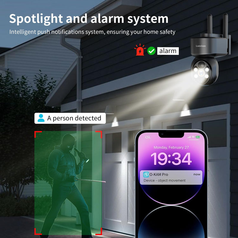 2K Solar Security Camera Wireless Outdoor,WiFi Cameras for Home Security Battery-Powered,Compatible with Alexa,360°PTZ Full Color Night Vision,PLR Alarm,2-Way Audio,Cloud/SD Storage 1PACK