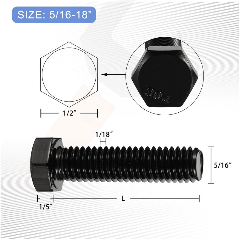 5/16-18 x 1-1/2“ Hex Head Bolts, Fully Threaded, Stainless Steel 304(18-8) Bolt, Black Oxide Finish, Quantity 20 5/16-18 x 1-1/2" (20 PCS)