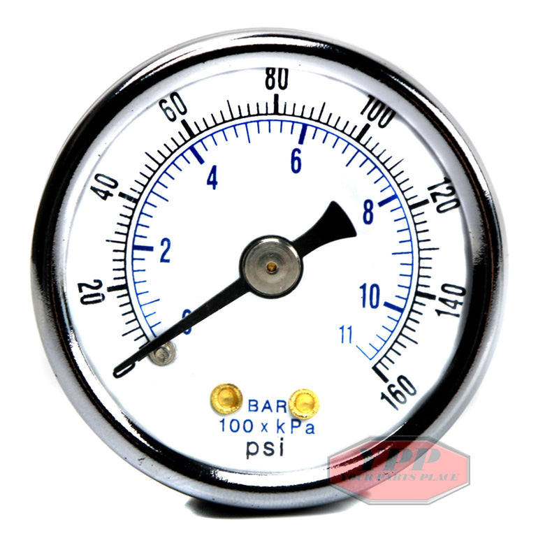 PIC Gauges 102D-158F Center Back Mount Dry Pressure Gauge w/ Black Steel Case, Brass Internals, Chrome Bezel, Plastic Lens, 1.5" Dial, 0/160 psi Range, 1/8" Male NPT 0 - 160 PSI