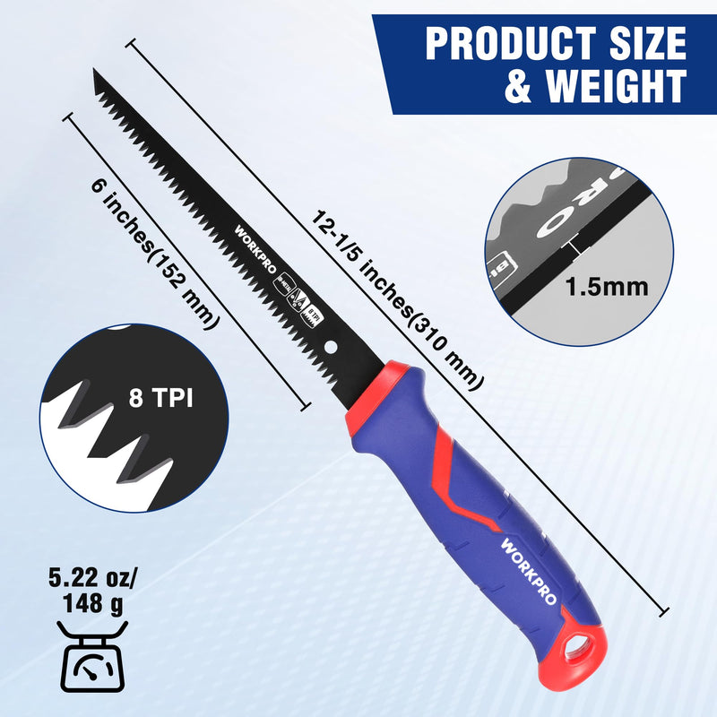 WORKPRO Drywall Saw & 6-inch Jab Saw, Keyhole Saw with Ergonomic Handle,Triple Ground Teeth, Faster Cutting Drywall Cutter, Sheetrock Saw, Wallboard Saw with 8-TPI Bi-metal Blade Blue - NewNest Australia