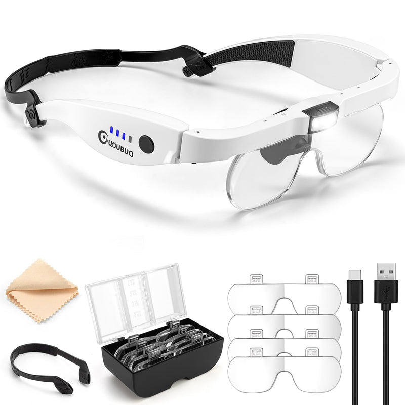Magnifying Glass with Light, 1.5X-5.0X Magnifying Glasses, Rechargeable Magnifier Headset with Light, Head Magnifier with 4 Detachable Lenses, Magnify Glasses for Close Work Crafts Jewelry White Magnifying Glass With Light