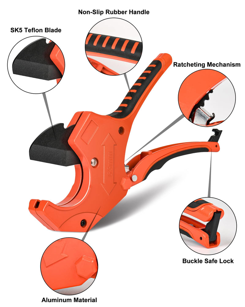 PVC Pipe Cutter with Replacement Blade, Cuts up to 2-1/2”, Heavy Duty Aluminum Ratcheting PVC Cutter Tool for Cutting PVC CPVC PP PEX PPR PE Plastic Pipe Cutter Hose Tube Exhaust Pipe Cutter