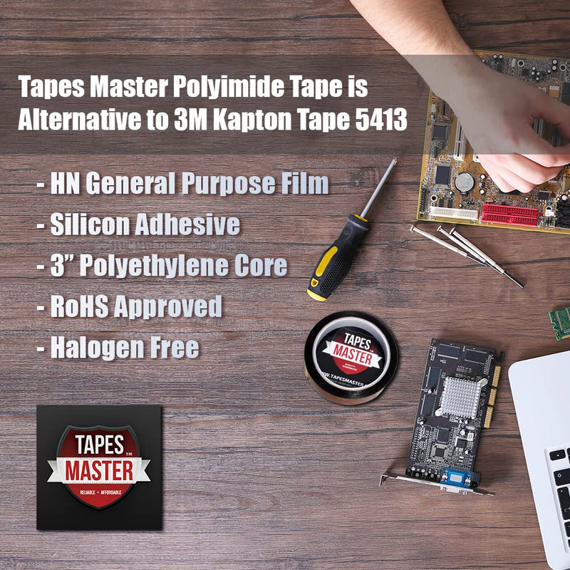 Tapes Master - 1/2" x 36 Yds 1 Mil Polyimide High Temperature Heat Resistant Heat Transfer Thermal Electrical Insulation Tape 1 Roll - 1/2"