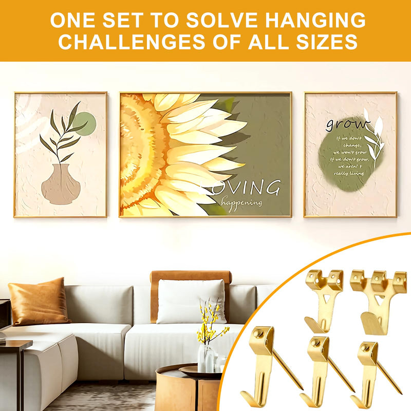 KURUI 303Pcs Picture Hanging Kit, Picture Hangers Assorted Kit With Heavy Duty Wall Hooks, Sawtooth, Picture Wire, D Rings, Hardware Nails, Eye Hooks and Picture Hanging Tool for Frame Canvas Mounting Gold