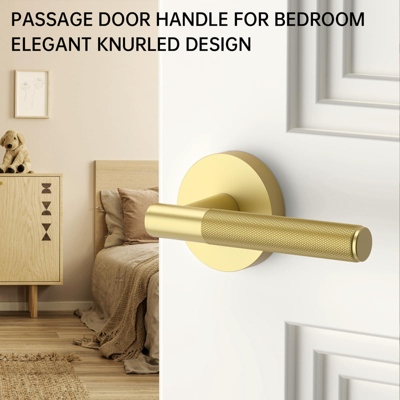 FILTA Gold Door Handles Interior Passage Round Door Handle Knobs Knurled Heavy Duty Keyless Door Lever Lock for Bedroom and Bathroom 1 Pack Passage Door Lever