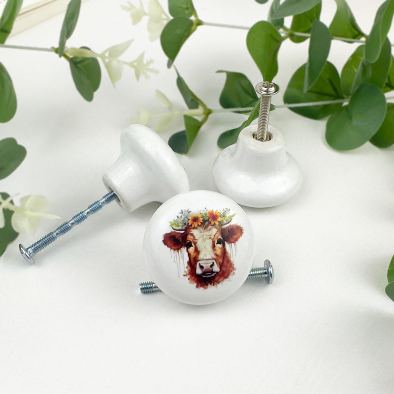 JamJam Set of 8 1.5" Ceramics Cow and Flower Knob Unique Farmhouse Rustic Cabinet Kitchen Dresser Drawer Knobs or Pulls