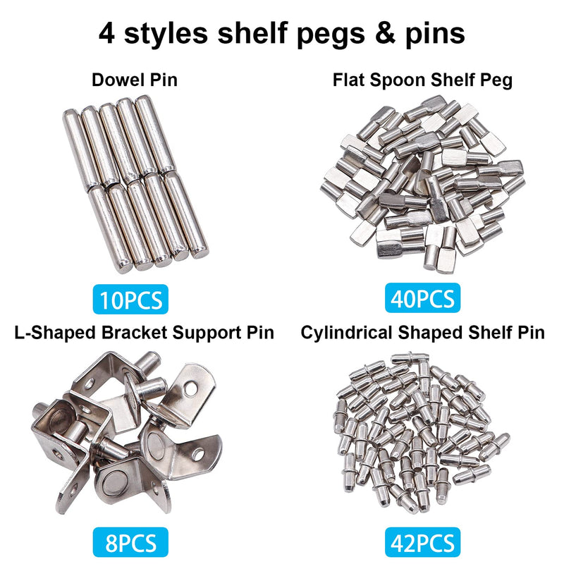 100PCS 4 Styles Shelf Pins Kit - Nickel Plated Shelf Bracket Pegs & Shelf Support Pins,Dowel Pin and Shelf Holders for Shelves Cabinet Furniture Closet etc