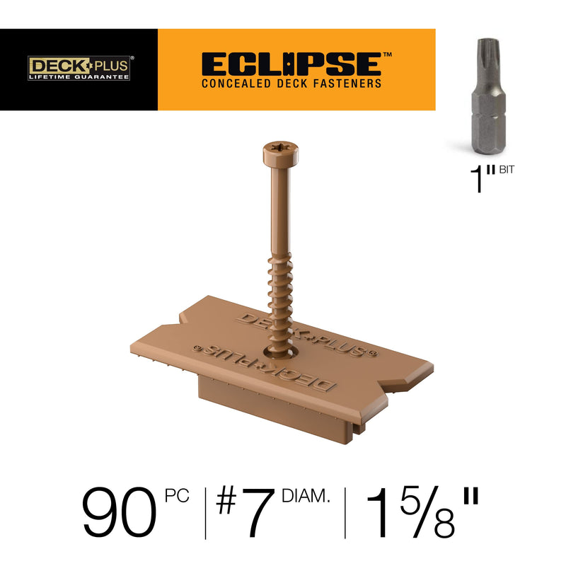 Deck Plus Eclipse Hidden Deck Fasteners, Deck Screws, Wood Screws, Stainless Steel, Brown, 90 Pack #7 x 1-5/8" Brown Hidden Fastener