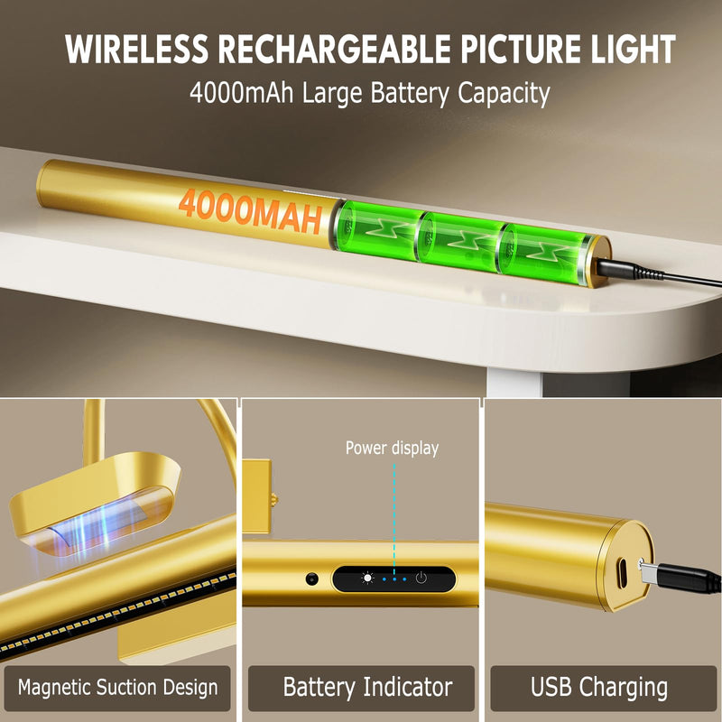 Bridika Picture Light Battery Operated, 13.8in Picture Lights for Wall, 3 Colors & Brightness Dimmable, Rechargeable Art Light for Paintings Photo Dartboard Gallery Bedroom Bathroom Gold