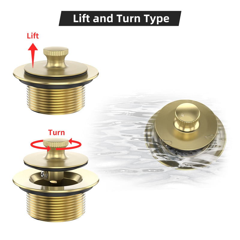 Brushed Gold Bathtub Drain Bath Tub Trim Set Conversion Kit Assembly, All Brass Lift and Turn Twist Tub Drains Replacement Trim Kit with Two-Hole Overflow Faceplate Brushed Gold