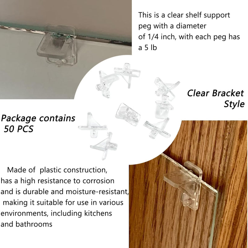 (50 Pcs) U 10136 Shelf Support Peg for Kitchen Cabinet Closet Bookcase Shelves,1/4 Inch,5 lb Load Capacity,Clear Plastic Shelf Pins Transparent 50