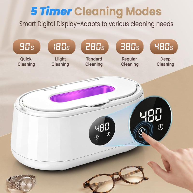 Ultrasonic Jewelry Cleaner, 50kHz Ultrasonic Cleaner Machine for Jewelry, Eyeglass, Retainers,Watch Strap, Rings,420ml 304 Stainless Steel Tank, 5 Timer Modes & LED Digital Display (White) White