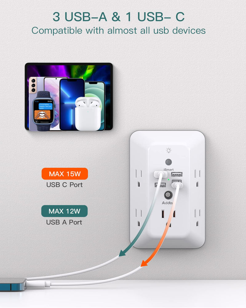 Surge Protector, Outlet Extender with Night Light, Addtam 5-Outlet Splitter and 4 USB Ports(1 USB C), Multi Plug Wall Outlet for Home Office Dorm Room Essentials 1C3A White