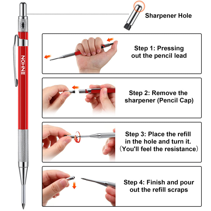 Enhon 2mm Mechanical Carpenter Pencil Set with 12 Marker Refills and Sharpener, Woodworking Marking Tool Solid Deep Hole Construction Pencil, Extended Needle-Nose Tip for Use in Jobs (Black, Red) Black, Red