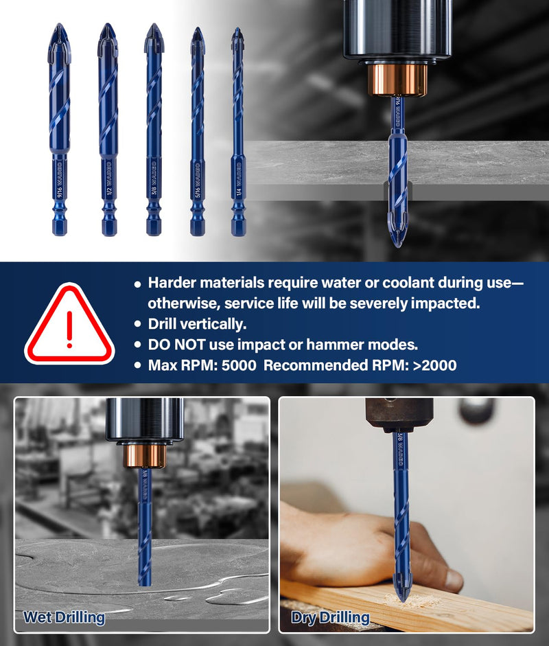 17Pcs Serrated Masonry Drill Bit Set with Bit Holder, 1/4 to 9/16 Inch Four Blade Serrated Eccentric Drill Bits Kit, Carbide Four-Edge Drill Bits for Tile Glass Brick Plastic Wood