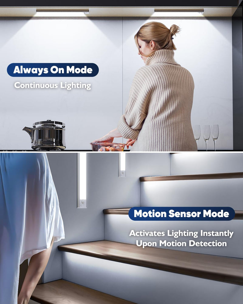 Under Cabinet Lighting, LED Battery Operated Rechargeable Motion Sensor Night Lights Indoor, 2200mAh Magnetic Wireless Closet Lights, 6500K Dimmable Under Counter Lights for Kitchen, Stair, 3 Packs 10inch - 3pack