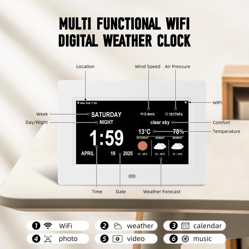 Digital Alarm Clock, Multiple Alarm Functions, Clock with Date and Week, Digital Alarm and Electronic Calendar for Seniors (White, 7inch WiFi) White