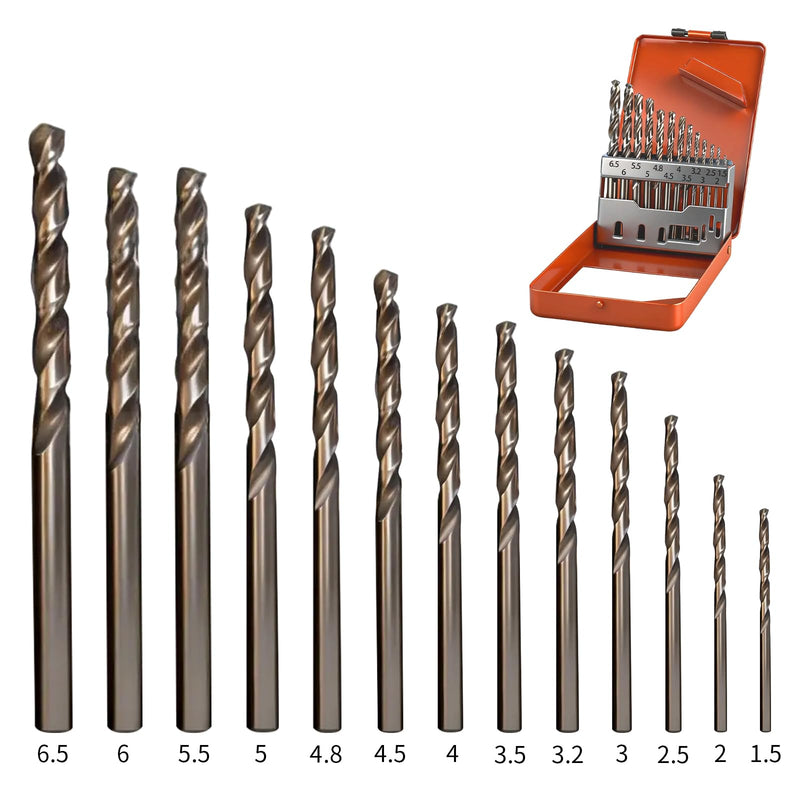 Titanium-Coated Drill Bit Set, 13 Pieces, Spiral Flute Design, Gold