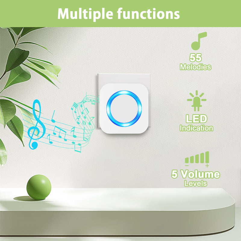 SURFOU Wireless Doorbell,Waterproof Doorbell 2 Push Buttons 2 Plug in Receivers at 1300ft Long Range Door Bell with 55 Chimes 5 Volume Levels Mute Mode LED Flash Wireless Door Bells for Home Classroom 2 transmitters + 2 receivers