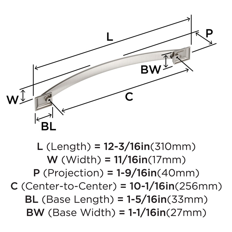 Amerock 10-1/16" Candler Satin Nickel Drawer Pull | 10-1/16 inch (256mm) Center-to-Center Mounting Distance and 12-3/16 inches Overall Length, Durable Zinc Cabinet Hardware 10-1/16 Inch (256 mm) Center-to-Center
