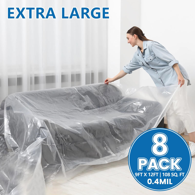 8 Pieces Plastic Drop Cloth for Painting, 9 x 12 Feet Painters Plastic, Waterproof Clear Plastic Tarp, Dustproof Plastic Sheeting for Furniture Cover 8 Pack