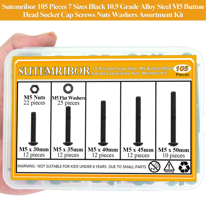 105 Pieces M5 x 30/35/40/45/50mm Button Head Socket Cap Screws Nuts Washers Set Black, Sutemribor M5 Long Screws, M5 Black Screws Nuts Washers Assortment Kit, 10.9 Grade Alloy Steel, Fully Threaded M5 Long Screws Kit