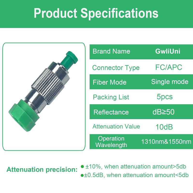 5Pcs 10dB FC-APC Fiber Optic attenuator, Fiber Signal Attenuation Converter, FC Ferrule Inserts Connector