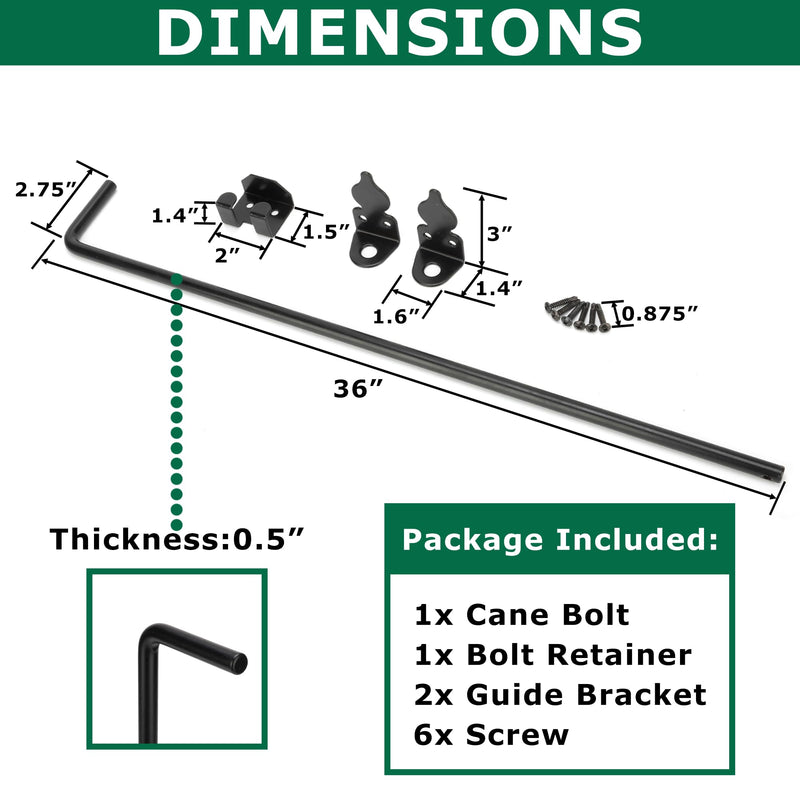36" Heavy Duty Cane Bolt Gate Drop Rod for Vinyl Gate Latch, Cane Bolts for Gates for Wood PVC Vinyl Metal Fences Gates-1 Pack 36 Inch-1 Pack