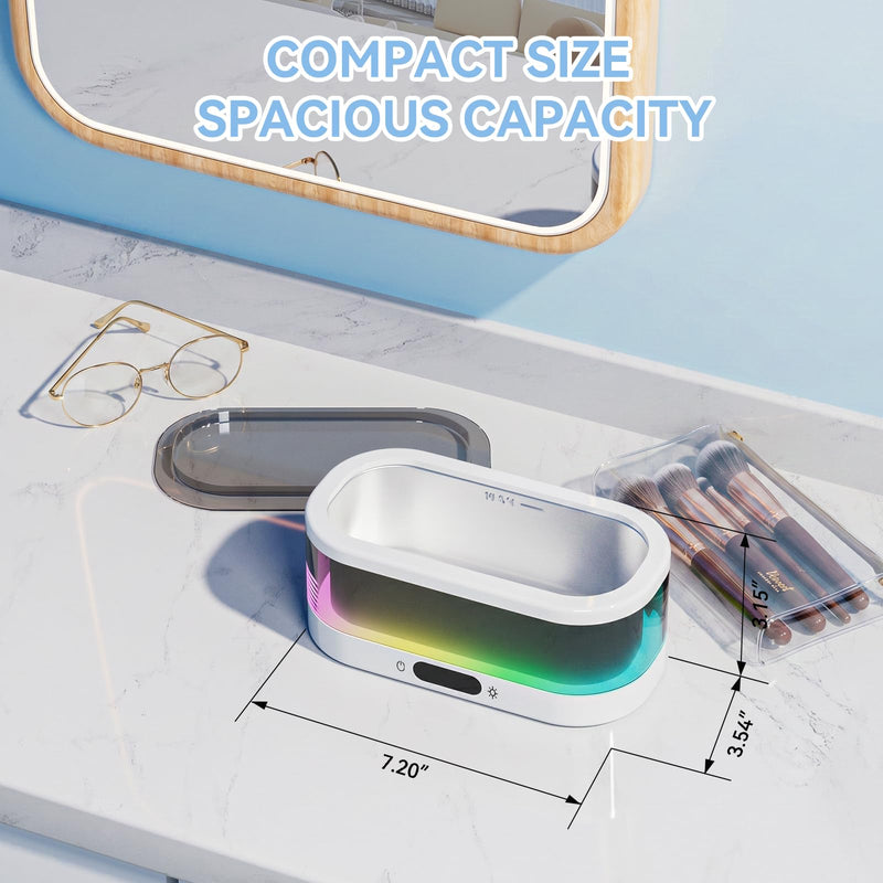 Ultrasonic Jewelry Cleaner with RGB Ambient Light, 48KHz Ultrasonic Cleaner for Jewelry, Glasses, Retainers, Dentures, Rings & Watches, 350ML SUS304 Stainless Steel Cleaning Machine, White
