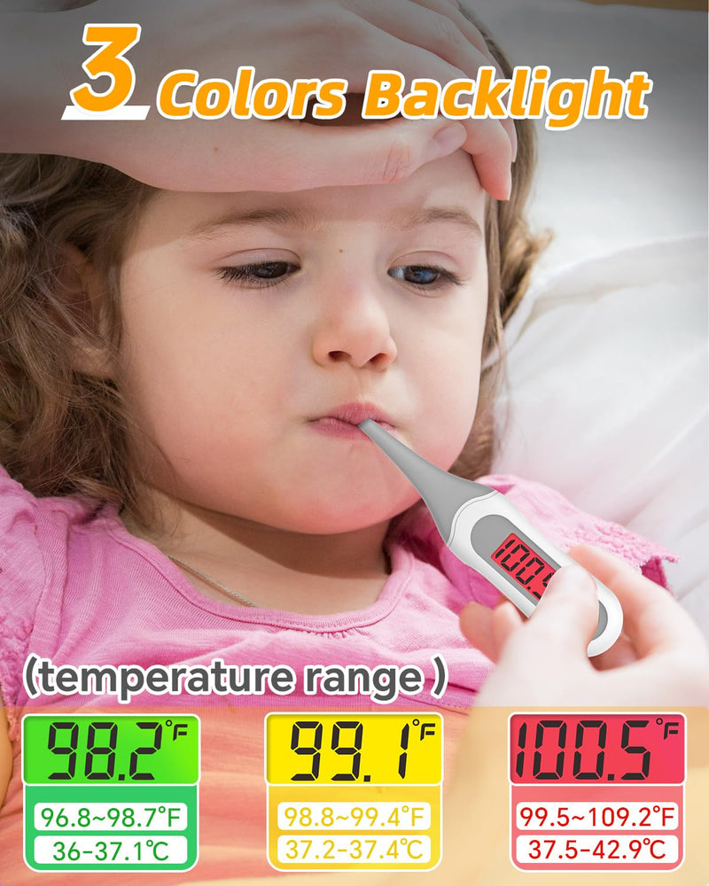 8 Seconds Digital Oral Thermometer for Adults and Kids, Accurate & Safe Baby Thermometer with Fever Alarm, 3 Backlits Display, Flexible Tip, Medical Basal Thermometer for Rectal, Underarm Grey