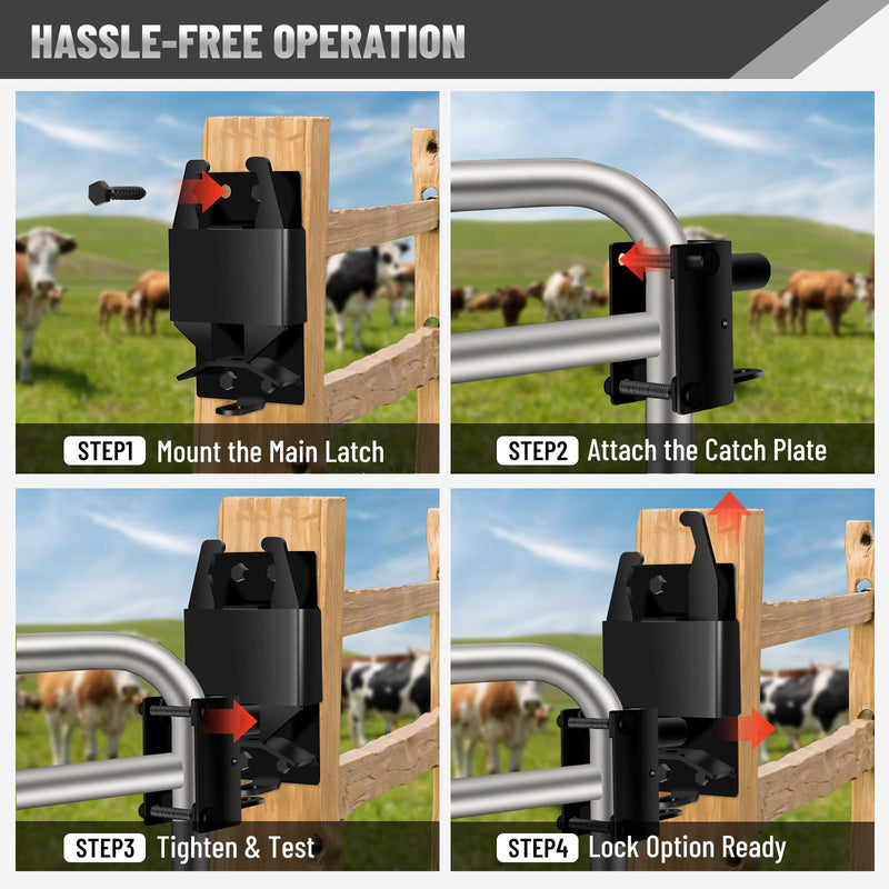 2 Pcs Farm Gate Latch, Heavy Duty 2 Way Gate Latch Lockable, Livestock Gate Latches for Metal Gates, Ranches, Farms, Stables, Horse Corrals, Pet Cages, Black Hardware with Screws