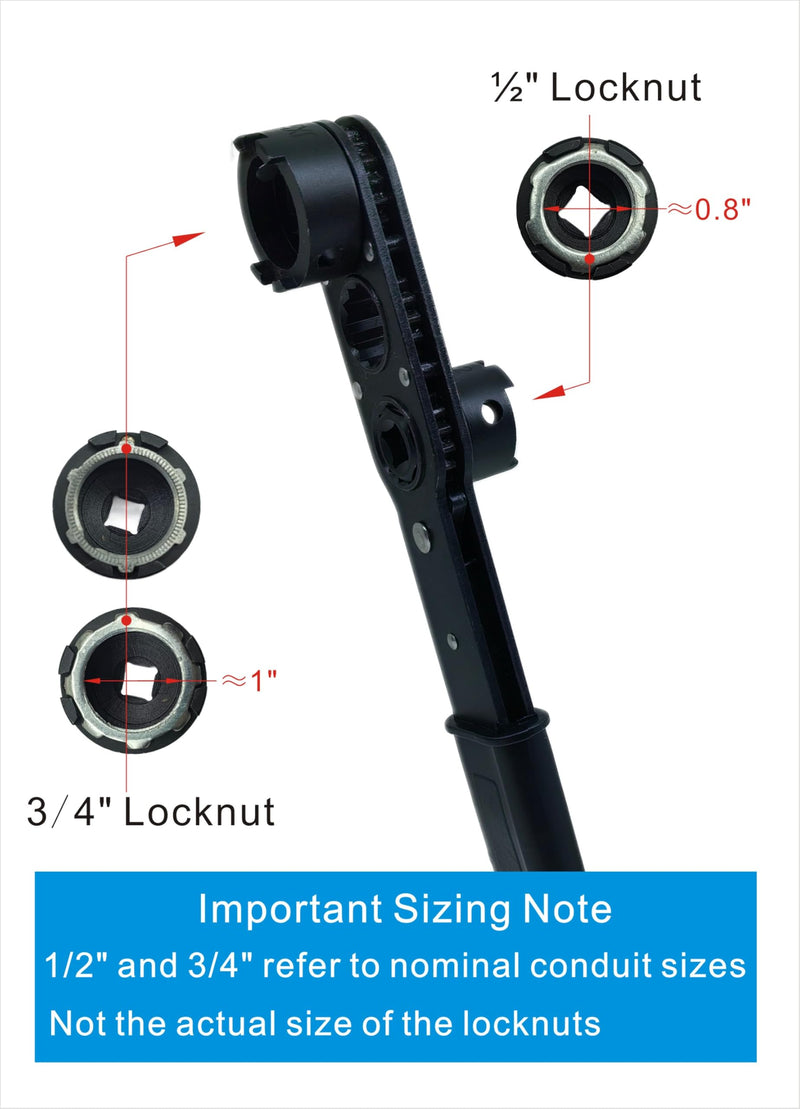 Locknut Socket Wrench Set for 1/2" & 3/4" Conduit Connectors,Dual Independent 42CrMo Sockets + Pass-Through Ratcheting Wrench with Direction Lock