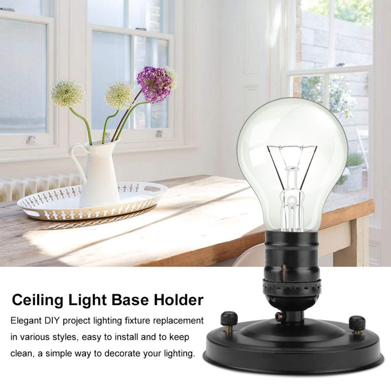 Lamp Holder, E26/E27 Retro Electroplating Iron Lamp Holder Industrial Decorative Lighting Screw Light Bulb Holder Base (Black) Black