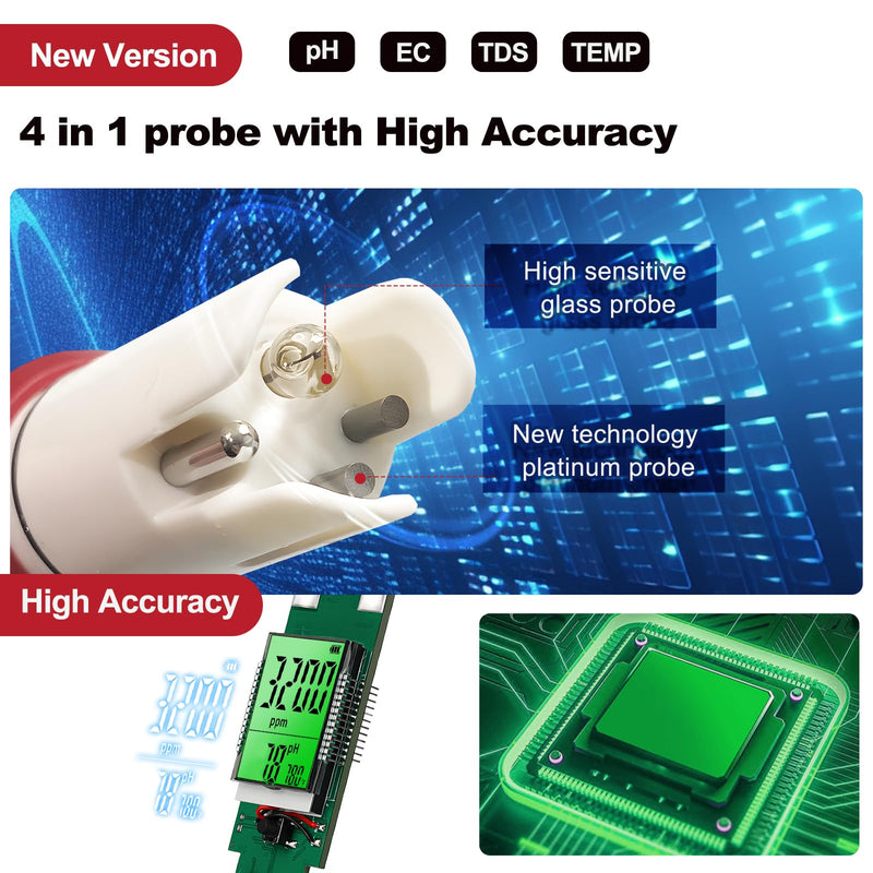 pH Tester,Digital pH Meter for Water,New Version TDS Meter for Drinking Water with Backlit Simultaneously Display 4 in 1 TDS pH EC Meter for Water Hydroponic Nutrient Solution,Pool,Home Use 4 in 1 pH Meter