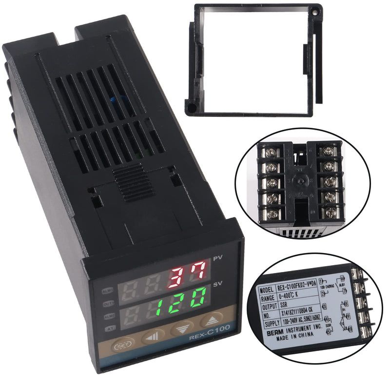 Digital PID Temperature Controller REX-C100 PID Thermostat Temperature Controller Digital REX C100 with 40DA SSR Relay K Thermocouple Probe RKC and Silver Heat Sink 40DA Silver