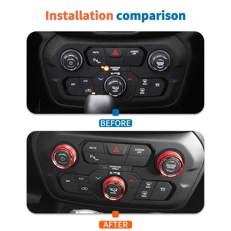 JeCar Red Aluminum AC Radio Knob Cover Fit for 2018-2022 Jeep Renegade Interior Accessories | Air Conditioner Audio Volume Switch Knob Trim for 2018+ Renegade
