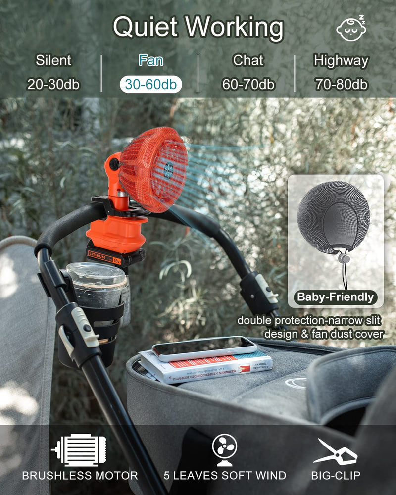 Portable Clip on Fan for BLACK+DECKER 20v Lithium Battery,Battery Powered Stroller Fan with 3 Energy Efficient Speed Settings for Bedroom,Outdoor,Camping and Job Site(Tool Only)