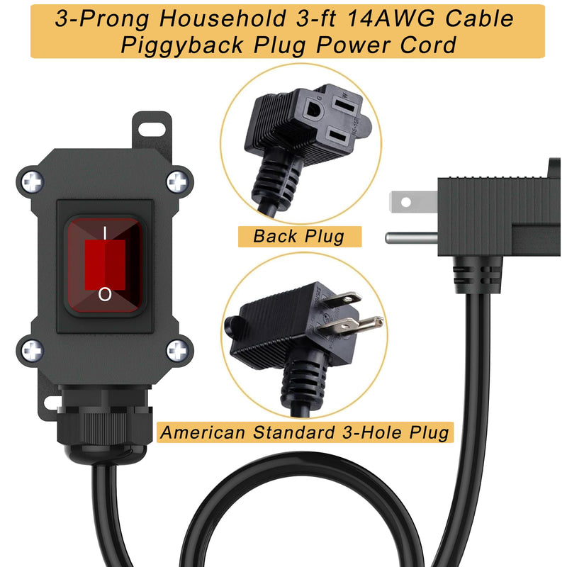 Inline Cord Switch with 3-ft 14AWG Cable Piggyback Plug(3-Pronged), IP67 Waterproof Extension Cord with On/Off Switch, AC/DC 20A-125V,16A-250V Inline Power Switch with Red LED Rocker Button 3FT