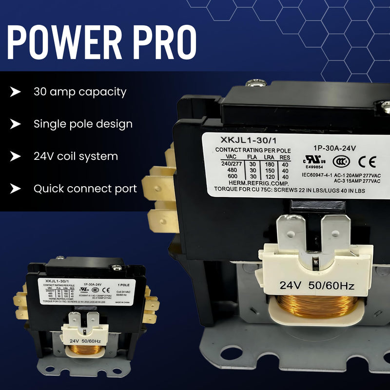 Motor Contactor - Air Conditioner Contactor 1P 30A - Single Pole Contactor 24V Coil for HVAC Motor Replacement & Heat Pump Systems 10CM 1P-30A-24V