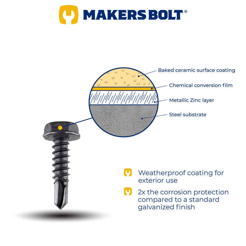 #8 x 1 in. Black Exterior Self Drilling Screws, Hex Washer Head (50 pcs) by Makers Bolt #8 x 1" (50 pcs)