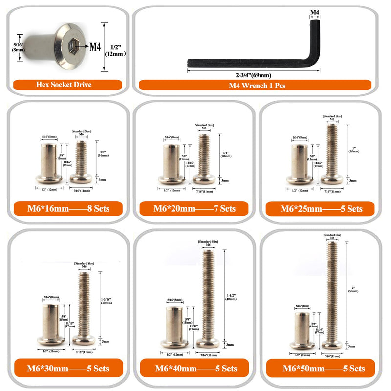 M6 Hex Drive Socket Cap Bolts Screws Kit, 30-Sets Binding Post Screws Socket Cover Connecting Bolt Fixing Post Screw for Furniture Chair Crib Table Cabinets,M6x16mm/ 20mm/ 25mm/ 30mm/ 40mm/ 50mm Silver Silver-6sizes-35sets