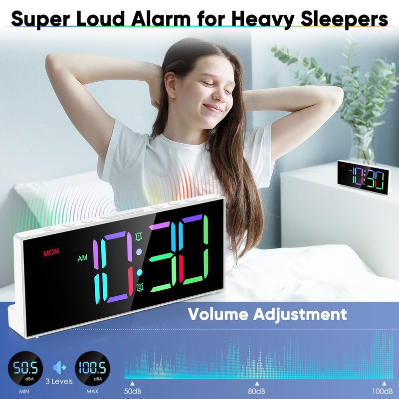 Alarm Clock with Large Display Big Numbers,5 Levels Brightness，Snooze,USB Charging Port,LED and Mirror Desk Clock,Dual Alarms Modern Electronic Clock for Bedroom Home Living Room Office. (White) White